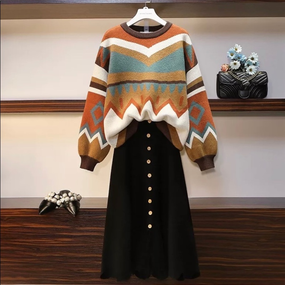 Sweater and Midi Split Skirt Set Geometric Pattern